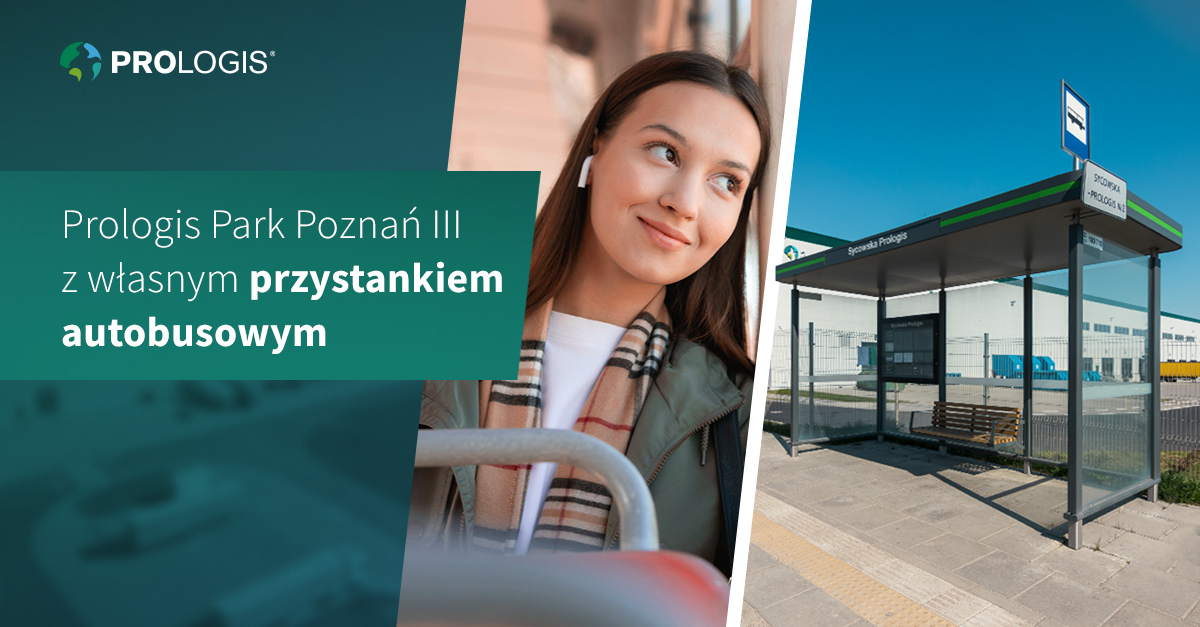 Prologis Park Poznan III with new bus stop graphics with bus stop, woman in bus and text