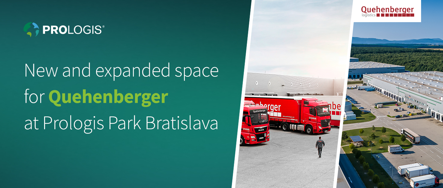 Quehenberger at Prologis Park Bratislava graphics with red trucks and photo of warehouse building