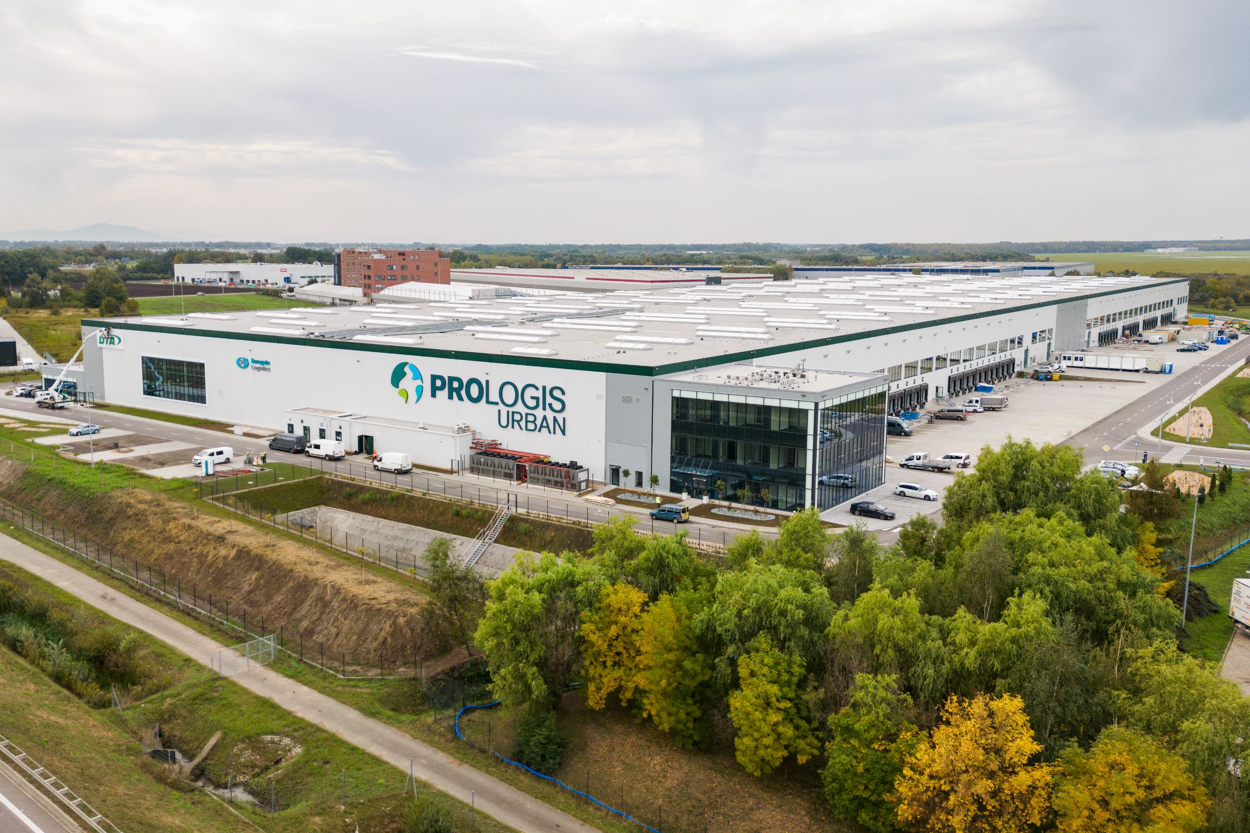warehouse building with office unit and logo Prologis Urban
