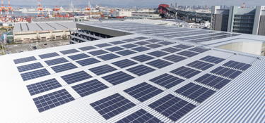 Aeriel view of solar panels atop a Prologis warehouse