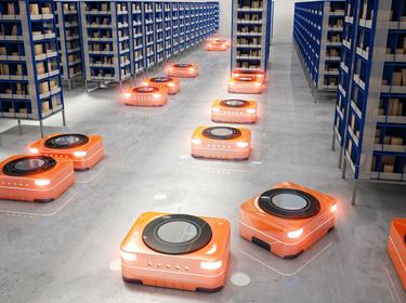 Orange robot carriers in modern warehouse, 3D rendered image