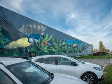 warehouse facade with 3D art on it