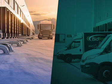 Graphics with text and photos of warehouse and trucks