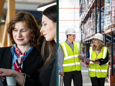 graphics with text, two ladies with laptop, and warehouse workers