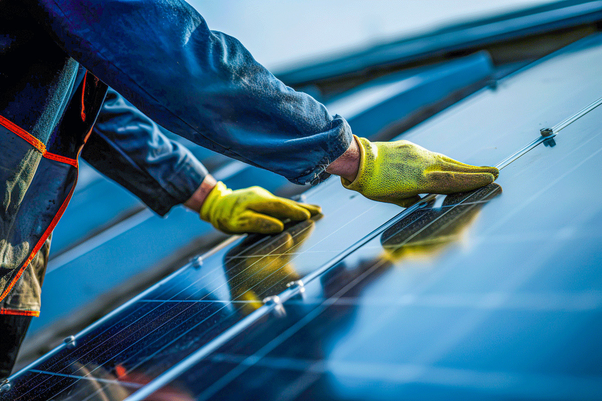 essentials-energy-sustainability-right.jpg Two hands in yellow gloves installing warehouse rooftop solar