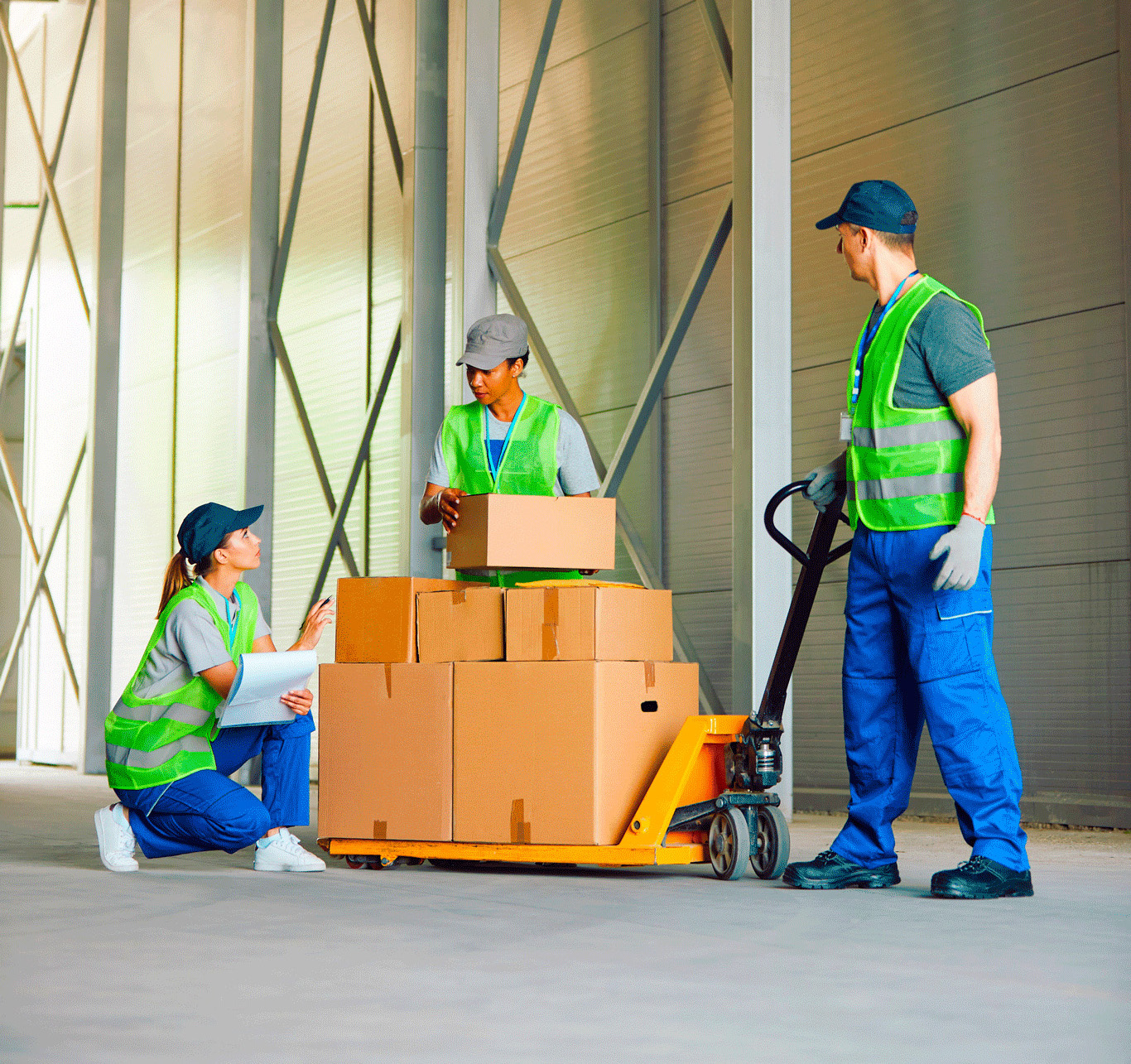 essentials-workforce-right.jpg Three people in safety vests in a warehouse, looking a pallet jack with boxes