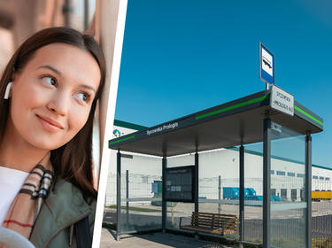 graphics with bus stop, woman in bus and text