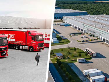 graphics with red trucks and photo of warehouse building 
