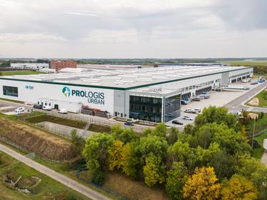 warehouse building with office unit and logo Prologis Urban